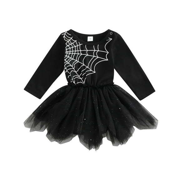 Infant Baby Girl Halloween Outfits Long Sleeve Romper Dress Spider Web Onesie Lace Tutu Skirt Witch One Piece Dress