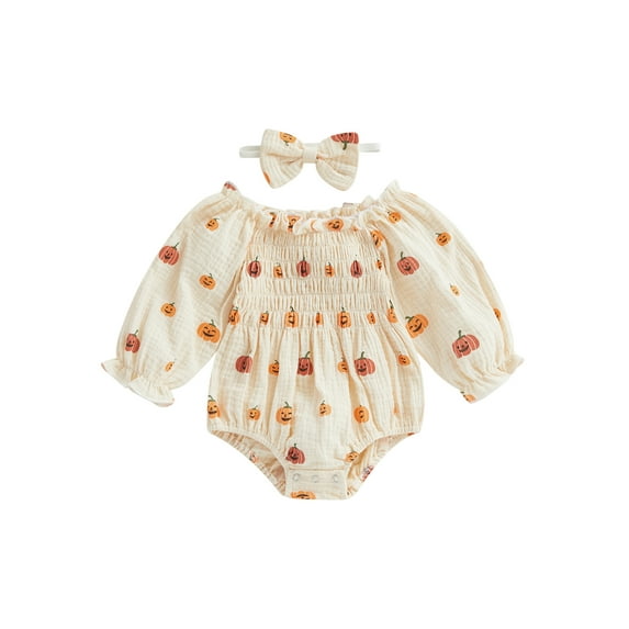 Infant Baby Girl Halloween Outfits Pumpkin Waffle Ruched Jumpsuit Long Sleeve Romper Headband 2Pcs Comfy Fall Clothes