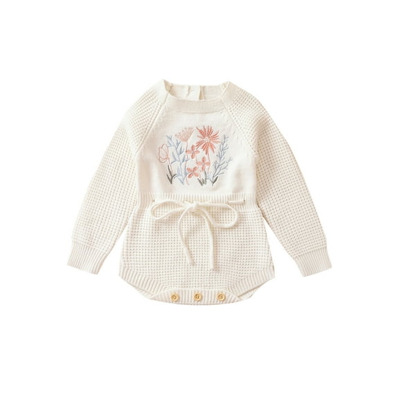 Infant Baby Girl Knit Jumpsuit Flower Embroidery Long Sleeve Drawstring Waist Romper