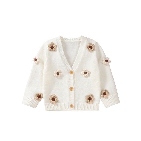 Infant Baby Girl Knitting Cardigan, 3D Flower Decor V-Neck Long Sleeve Button Down Sweater Coat