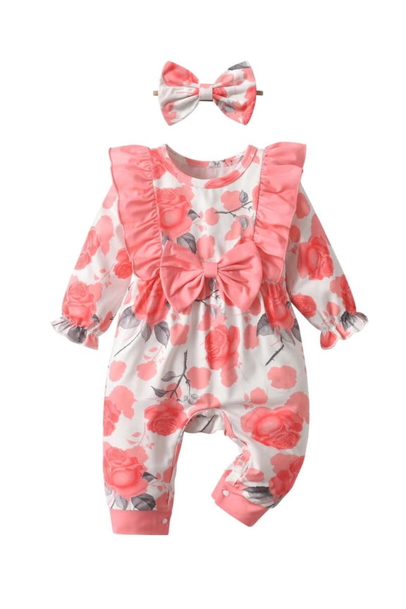 Infant Baby Girl Long Sleeve Ditsy Floral Shaped Ruffle Romper and Headband Outfit Set Pink 0-3 Months