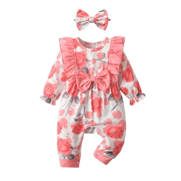 Infant Baby Girl Long Sleeve Ditsy Floral Shaped Ruffle Romper and Headband Outfit Set Pink 9-12 Months