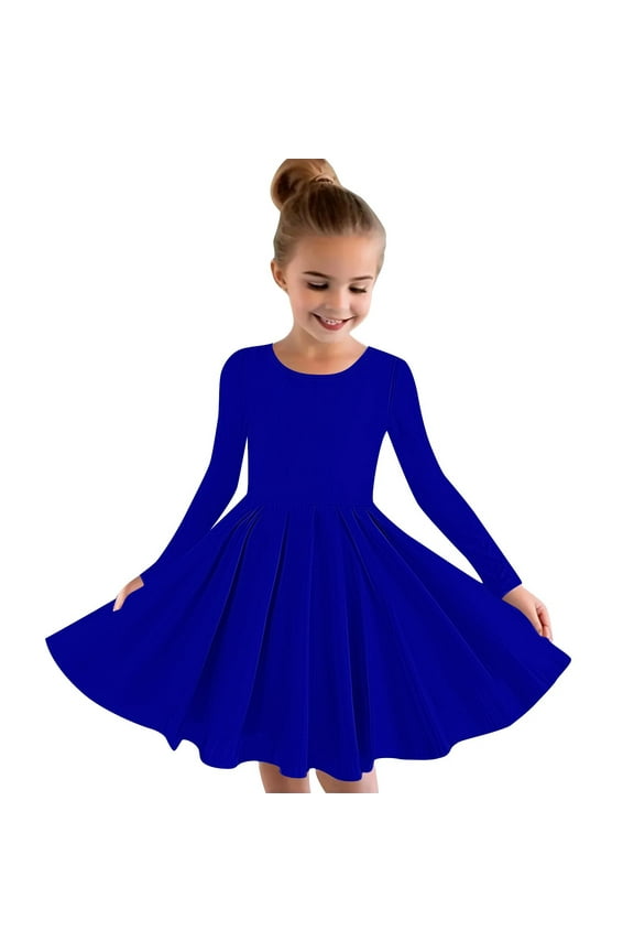 Infant Baby Girl Long Sleeve Dress Girls Long Sleeve Stretchy Dress A Line Skater School Recital Dress New Long Sleeve Round Neck Dress Blue 13T