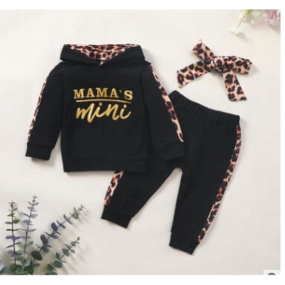 Infant Baby Girl Long-sleeved Trousers Suit Letter Hooded T-shirt Leopard Stitching Long Pants Headband 3Pcs Clothes