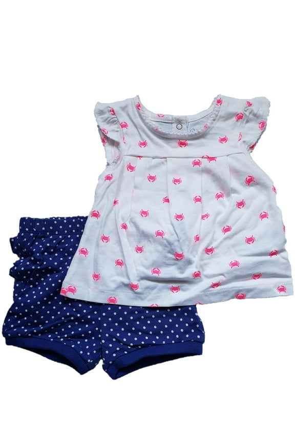 Infant Baby Girl Pink Crab Print Top & Ruffle Back Shorts 2 Pc Summer Outfit 3M
