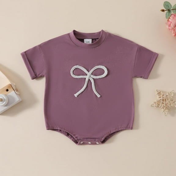 Boys Girls Short Sleeve Bowknot Embroider Pullover Romper Sweatshirt Bodysuits
