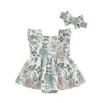 thumbnail image 1 of Infant Baby Girl Romper Dress Floral Print Ruffled Sleeves Button Romper with Headband, 1 of 10