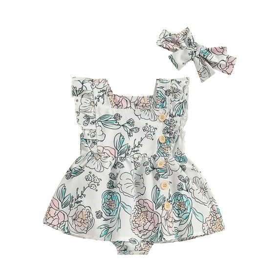 Infant Baby Girl Romper Dress Floral Print Ruffled Sleeves Square Neck Button Romper with Headband