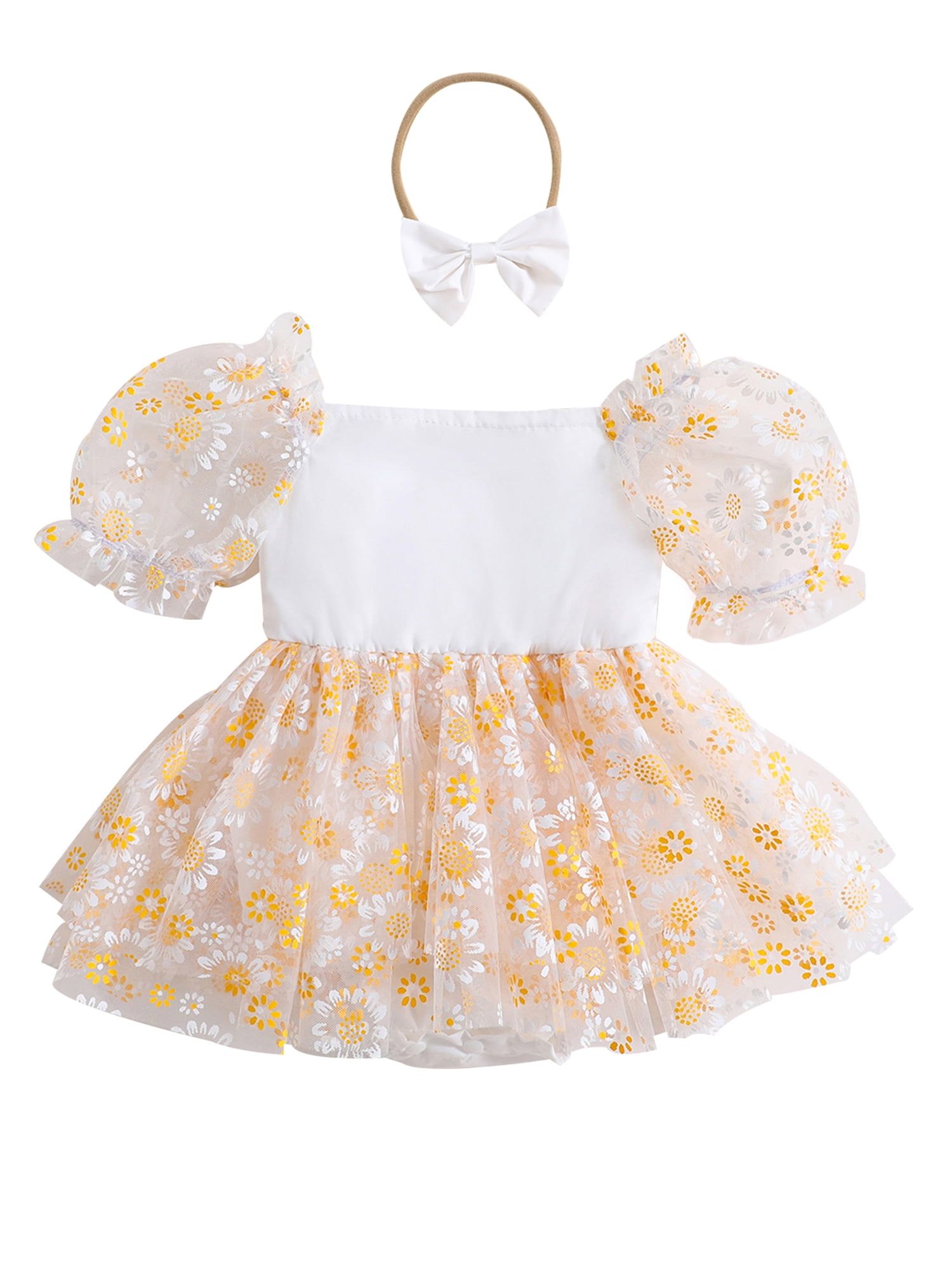 Infant Baby Girl Romper Dress Sunflowers Print Short Puff Sleeve Lace
