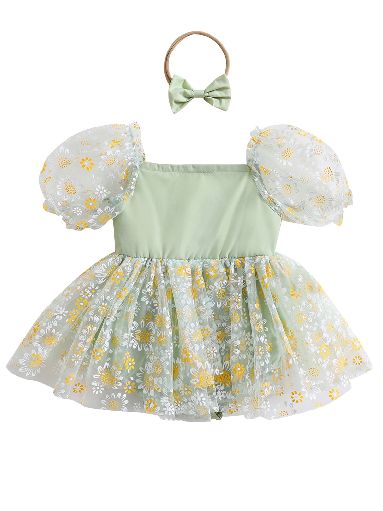 Infant Baby Girl Romper Dress Sunflowers Print Short Puff Sleeve Lace