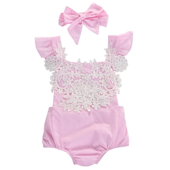 Infant Baby Girl Ruffled Cap Sleeve Floral Lace Romper and Headband (70/3-6 Months)