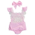thumbnail image 1 of Infant Baby Girl Ruffled Cap Sleeve Floral Lace Romper and Headband (90/12-18 Months), 1 of 4