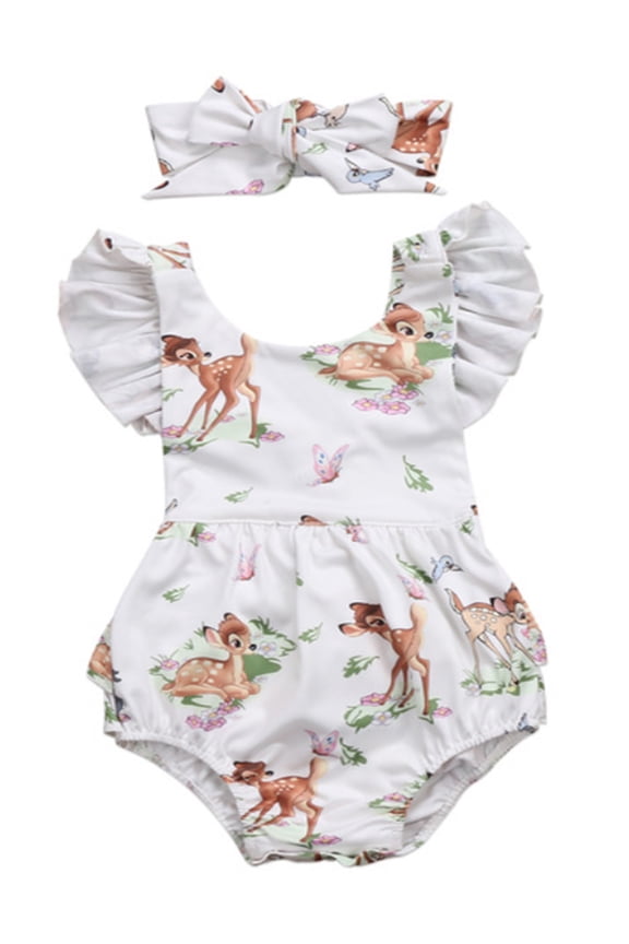 Infant Baby Girl Ruffled Cap Sleeve Sunsuit Romper with Self-tied Headband 2 pcs Outfit Set (80/6-9 Months)