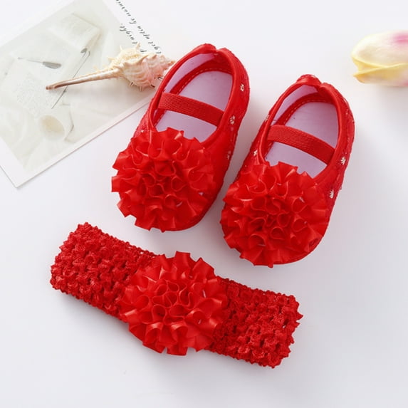 Infant Baby Girl Shoes Headband 2pcs Set-Baby Mary Flats Cute Flower Princess Wedding Dress Shoes Crib Shoe Headband for Newborns, Infants, Babies Toddlers 0-12 Months
