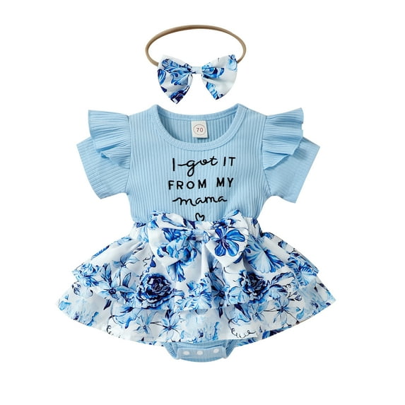 Infant Baby Girl Short Sleeve Bodysuit Dress Ruffles Crew Neck + Headband Floral Dresses Rompers 2Pcs Sets 0-24 Months