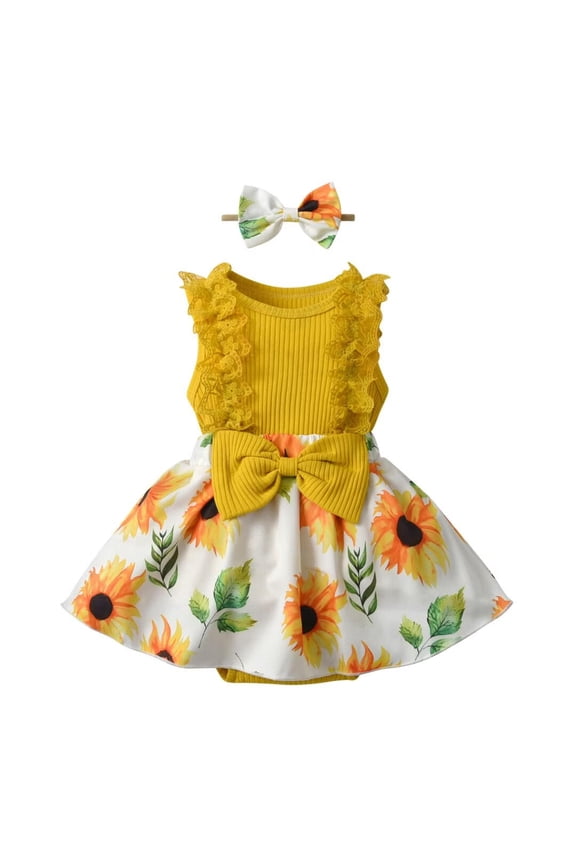 Infant Baby Girl Sleeveless Dress Daisy Print Diaper Cover Romper Summer Set Yellow 3-6 Months