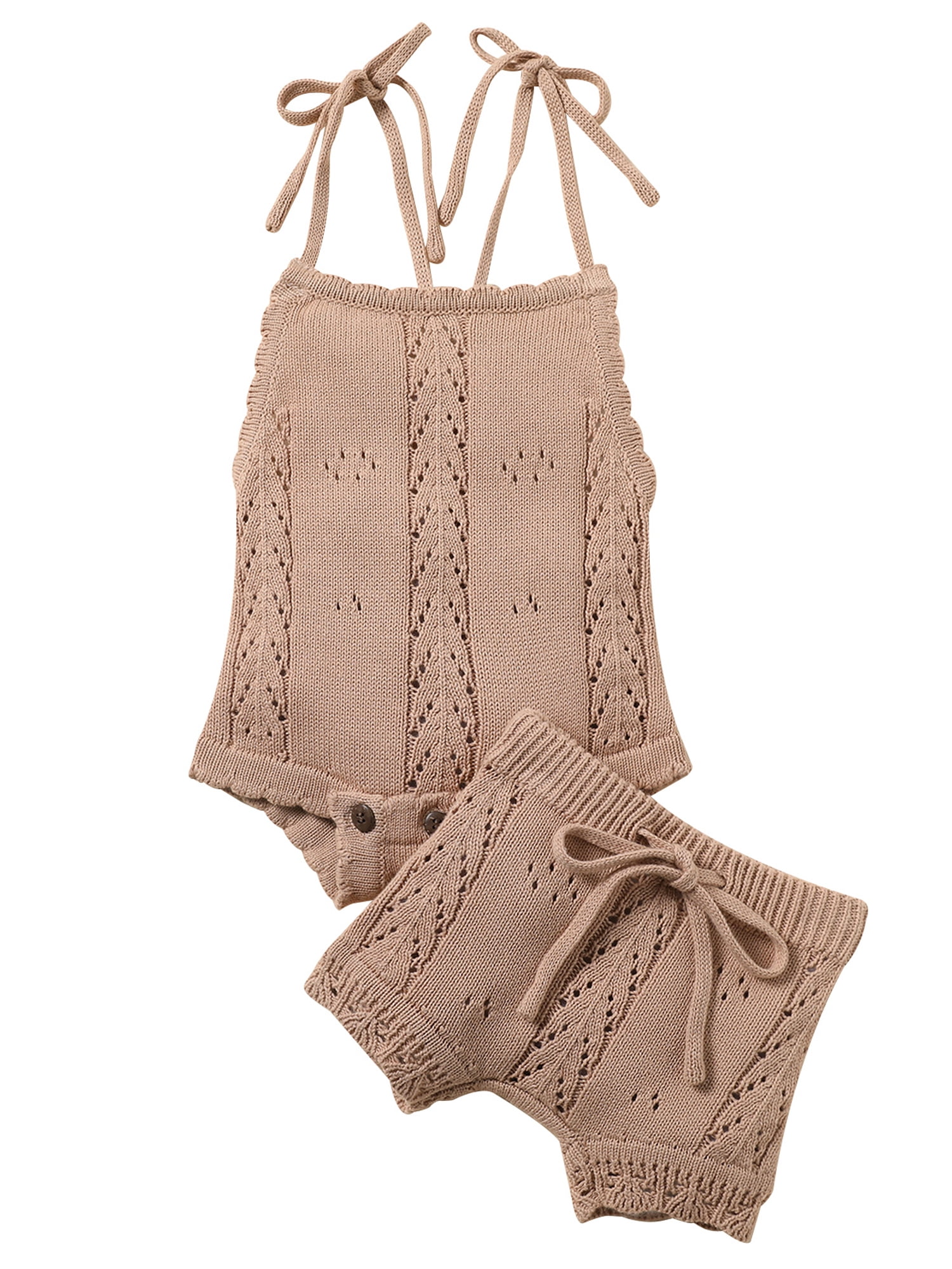 Infant Baby Girl Summer Clothes Outfits Boho Knit Crochet Spaghetti Straps  Bodysuit+Drawstring Short Pants Set