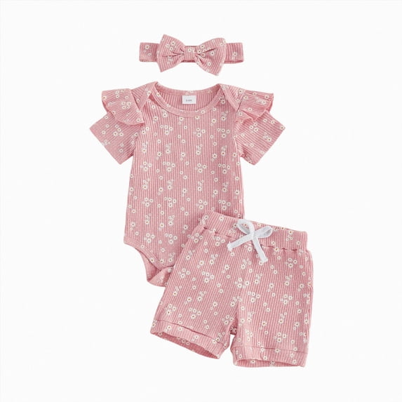 Infant Baby Girl Summer Clothes Romper 3 Piece Sets Little Daisy Ruffle Trim Short Sleeve Romper Elastic Waist Shorts Headband Baby Girl Short Set 3 6 12 18 24 Months
