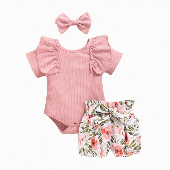 Infant Baby Girl Summer Clothes Romper 3 Piece Sets Ruffle Sleeve Solid Color Romper + Floral Print Shorts + Headband Outfit Baby Girl Short Set 3 6 12 18 24 Months