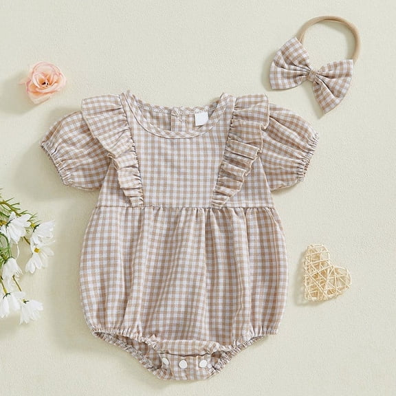Infant Baby Girl Summer Outfit Plaid Romper Boho Short Sleeve Ruffle Bodysuit with Headband Clothes Girls' New Fashion Casual Spring And Summer Baby Bag Farts Climbing Clothes