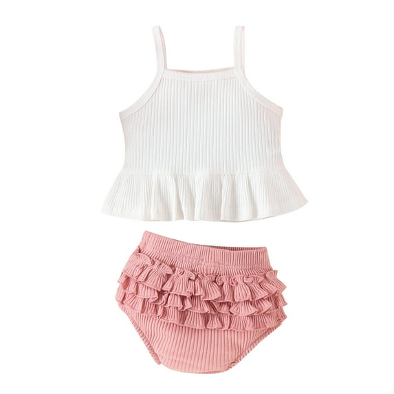 Infant Baby Girl Summer Outfit Set Sleeveless Ruffle Top Layered Shorts White Pink Clothing Sets