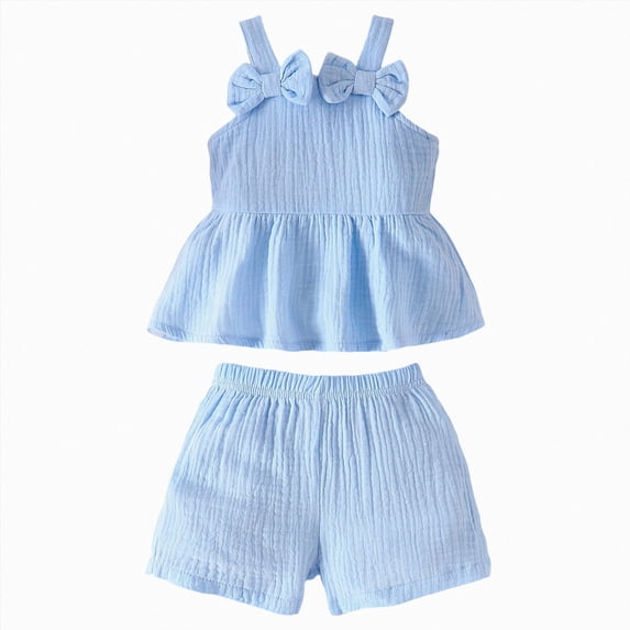 Infant Baby Girl Summer Outfit Toddler Sleeveless Snap Tank Top Elastic Shorts Set Outfits for Girls Clothing Blue 12-18 Months
