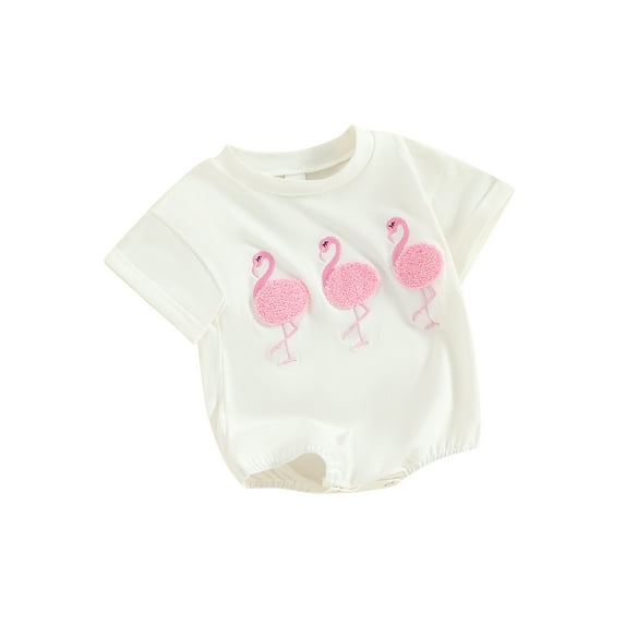 Infant Baby Girl Summer Romper Rolled Short Sleeve Round Neck Bird Embroidery Bodysuit