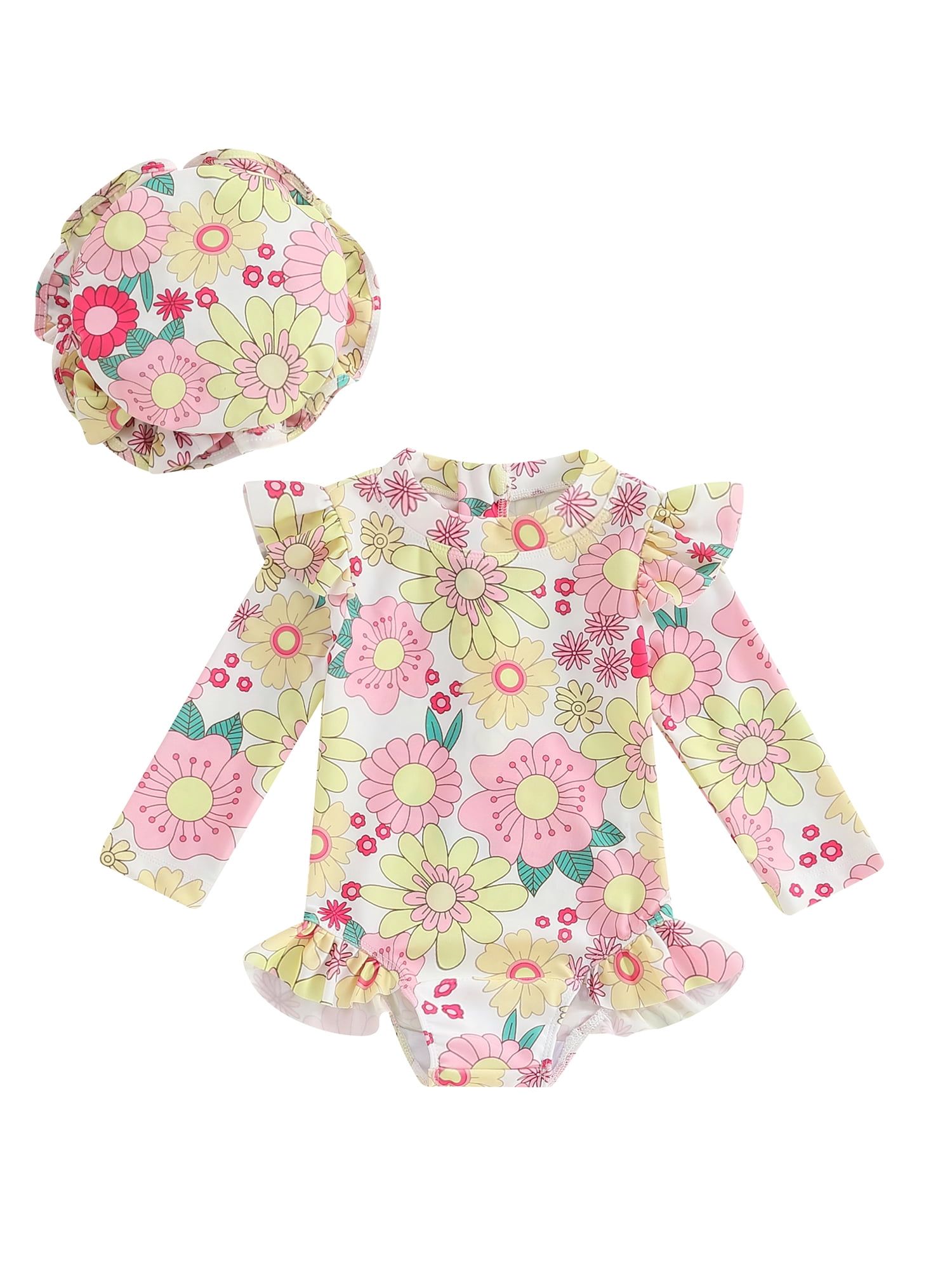 Infant Baby Girl Swimsuit OnePiece Long Sleeve Rash Guard with Hat Set Flower Zipper Bathing