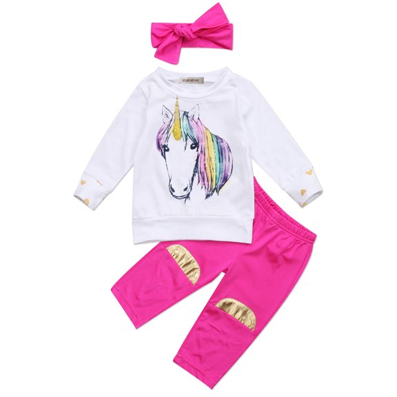 Infant Baby Girl Unicorn Cotton Long Sleeve T-Shirt, Pants with Self-tied Headband (90/18-24 Months)