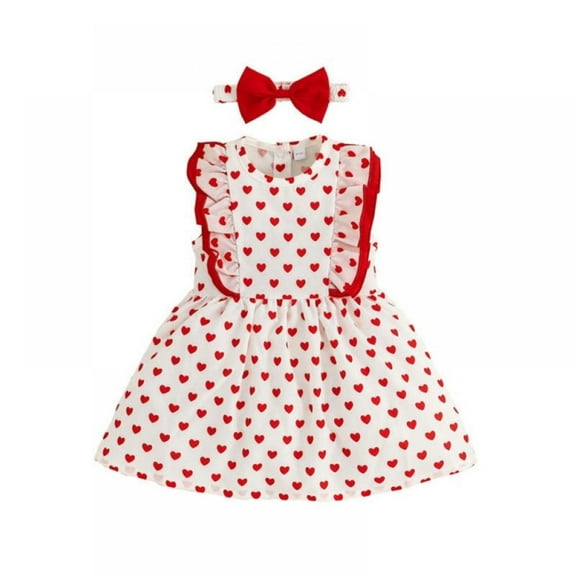 Infant Baby Girl Valentine's Day Outfit Ruffle Sleeveless Love Heart Print Dress with Bowknot Headband Valentine's Day Clothing Set