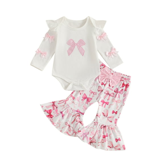 Infant Baby Girl Valentines Day Outfits Long Sleeve Bowknot Romper Flare Pants 0 3 6 12 18 Months Spring Clothes Set