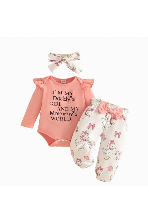 Infant Baby Girl Winter Clothes Set Cute Letter I’M MY DADDY'S GIRL AND MY MOMMY'S WORLD Printed Long Sleeve Ruffle Romper Butterfly Print Pants and Bow Headband 3-Piece Set 0 3 6 9 12 18 Months