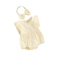 thumbnail image 1 of Infant Baby Girls 2 Piece Outfits, Round Neck Frill Trim Sleeveless Solid Color Romper + 3D Bow Headband Set, 1 of 8