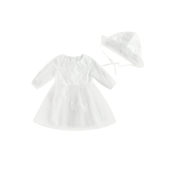 Infant Baby Girls 2-piece Outfit, Long Sleeve Crew Neck Butterfly Tulle Patchwork A-line Dress with Hat