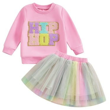 Toddler Baby Girl Easter Outfit Cute Bunny Embroidery Short Sleeve Tshirt Tulle Tutu Skirt Headband Set 6M-4Y (Pink, 6-12 Months