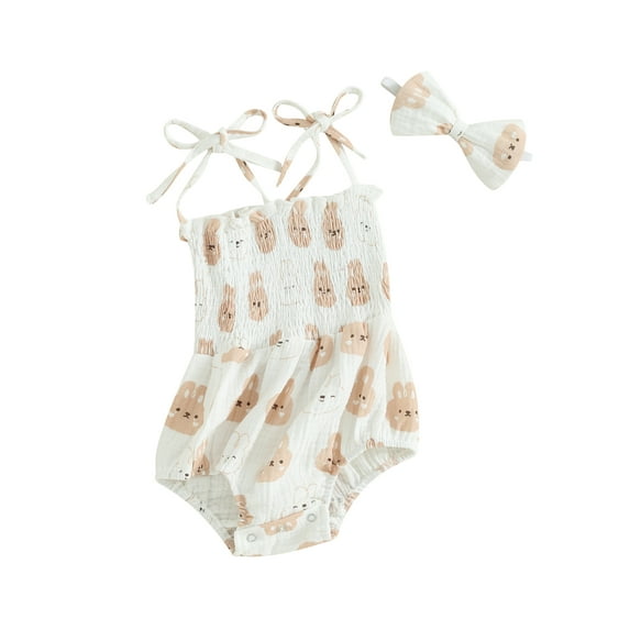Infant Baby Girls 2Pcs Summer Outfits Cute Sleeveless Tie Strap Smocked Romper with Headband Set