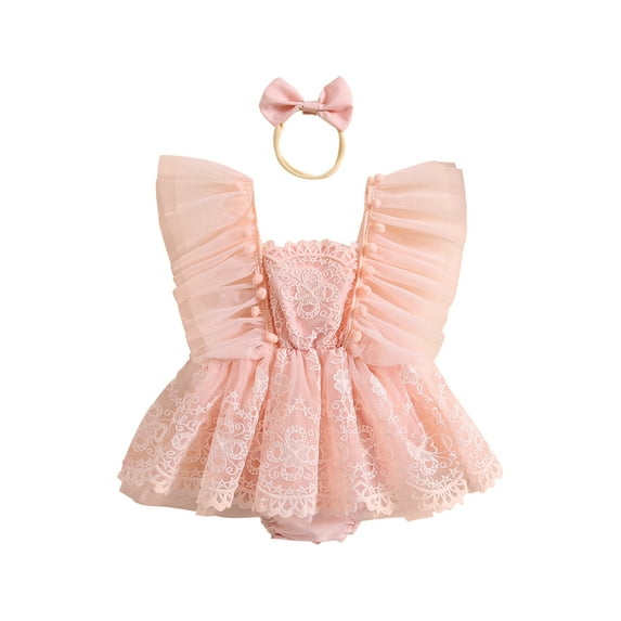 Infant Baby Girls 2Pcs Summer Outfits Ruffle Sleeveless Lace Romper Dress with Headband Set