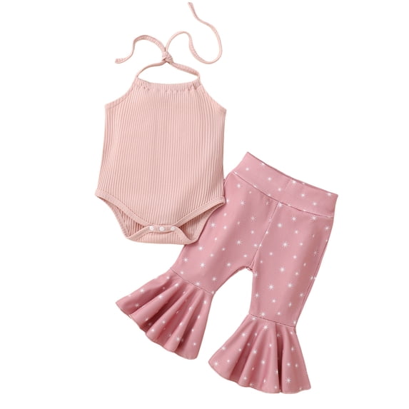 Infant Baby Girls 2Pcs Summer Outfits Sleeveless Halter Ribbed Romper + Flare Pants Set