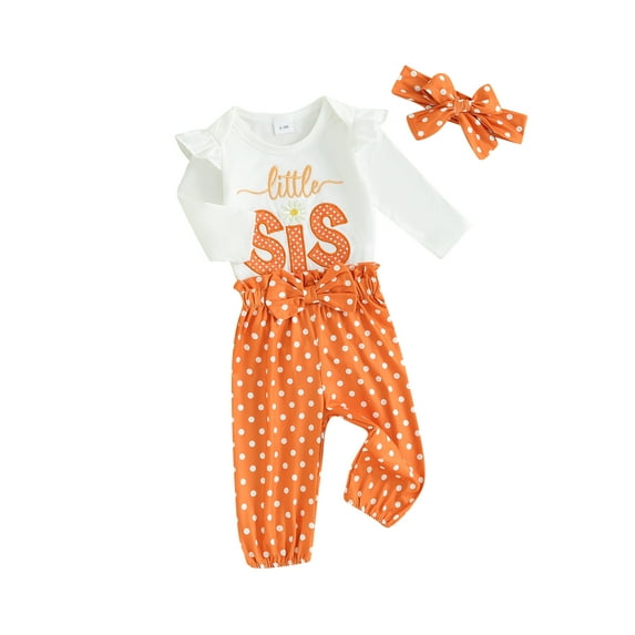 Infant Baby Girls 3 Piece Outfit Letter Print Long Sleeves Romper and Dot Print Pants Headband Set