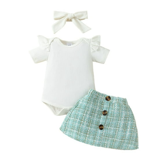 Infant Baby Girls 3 Piece Outfit Ruffles Short Sleeve Rompers and Plaid Print Button Skirt Headband Set