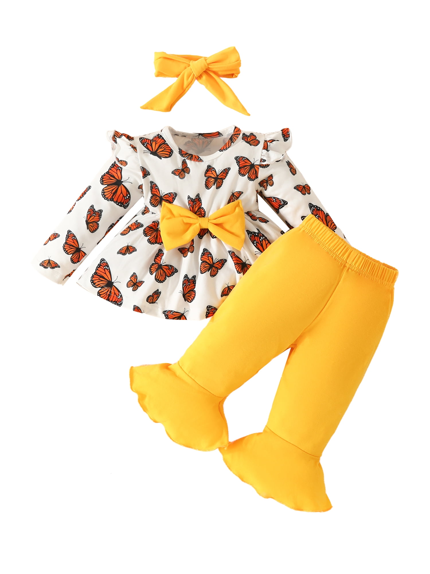 Infant Baby Girls 3 Piece Outfits Butterfly Print Long Sleeve Shirt and