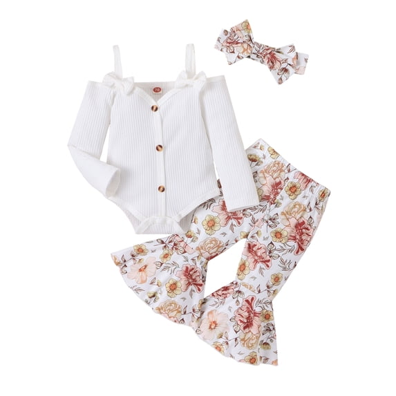 Infant Baby Girls 3 Piece Outfits Ribbed Long Sleeve Romper and Flared Pants Headband Set
