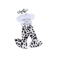 thumbnail image 1 of Infant Baby Girls 3PCS Pants Sets Short Sleeve Letter Cow Print Romper Flared Pants Headband Sets, 1 of 8