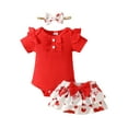 thumbnail image 1 of Infant Baby Girls 3PCS Shorts Sets Red Short Sleeve Ruffle Romper Heart Print Headband Sets, 1 of 8