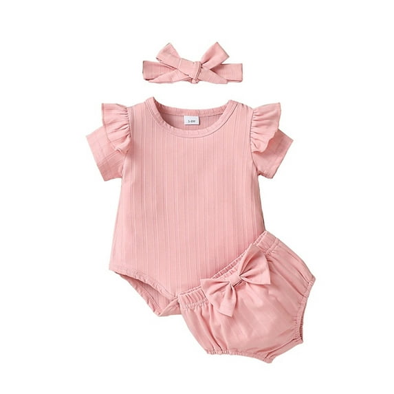 Infant Baby Girls 3PCS Shorts Sets Short Sleeve O Neck Ruffle Romper Bow PP Shorts Headband Sets