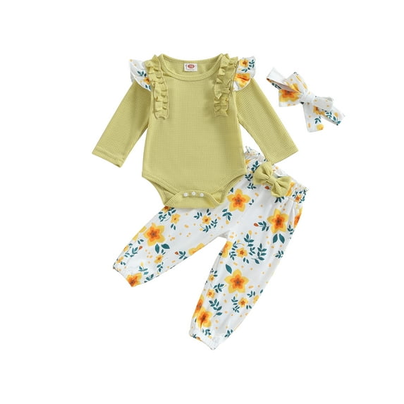 Infant Baby Girls 3Pcs Fall Outfits Ruffle Long Sleeve Romper Bow Pants Headband Set