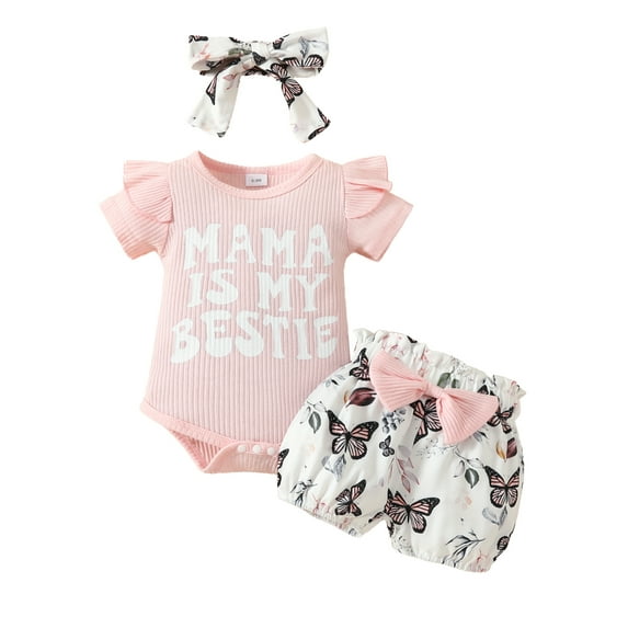 Infant Baby Girls 3Pcs Summer Outfit Short Sleeve Ribbed Romper + Butterfly Shorts + Headband Set