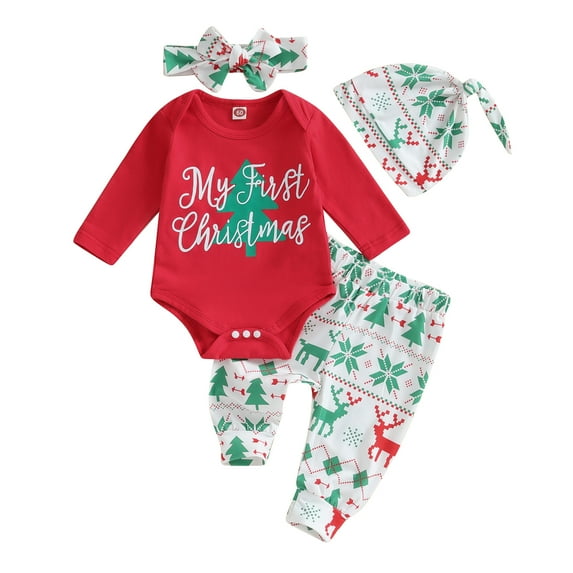 Infant Baby Girls 4Pcs Christmas Outfits 3M 6M 12M Long Sleeve Romper Pants Headband Set Newborn Clothes