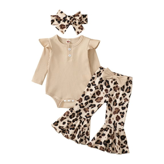 Infant Baby Girls Autumn Jumpsuit Clothing Set, 0 3 6 9 12 Months Solid Color Ribbed Fly Sleeve Round Neck Romper + Leopard/Cow Flare Pants Outfits