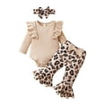 thumbnail image 1 of Infant Baby Girls Autumn Jumpsuit Set Solid Ribbed Long Sleeve Romper Print Flare Pants Bow Headband, 1 of 8